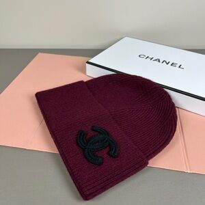 CHANEL Dark Red Beanie with Black Logo